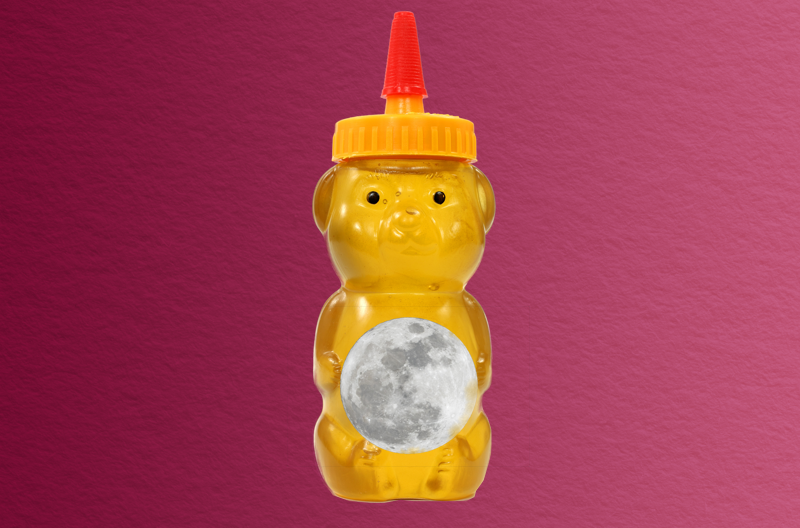 plastic bear-shaped bottle of honey holding a moon over its belly, against a wine-colored paper-textured background