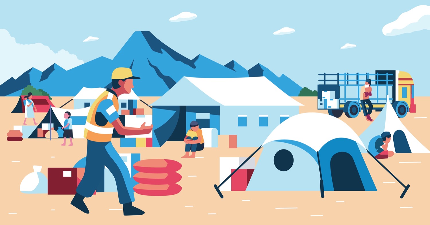 an illustration of temporary tents and supplies with a worker in a caution vest with mountains in the background. some people are sitting hold their knees close to their chest