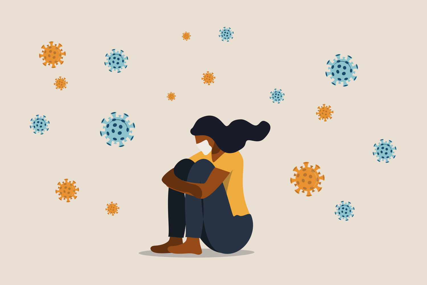 illustration of Black woman sitting with knees pulled to her chest surrounded by exaggerated large virus particles