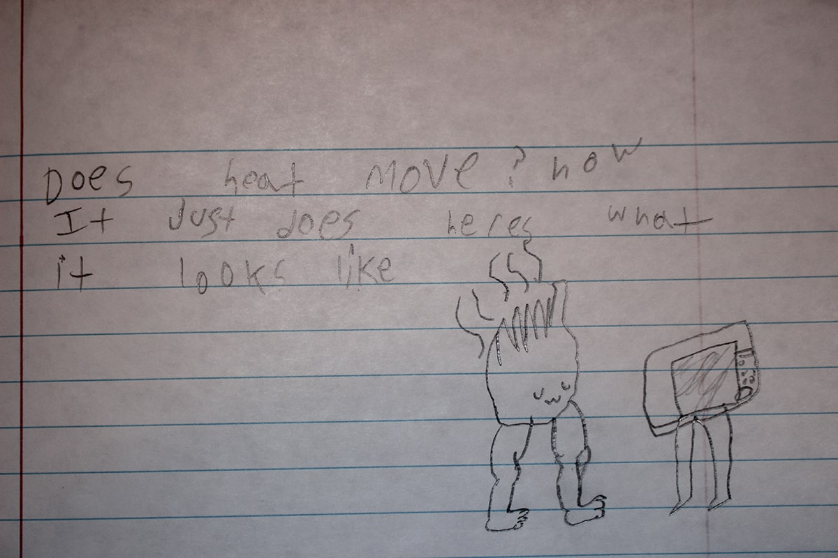 Student image showing flame walking on legs to a microwave with legs.