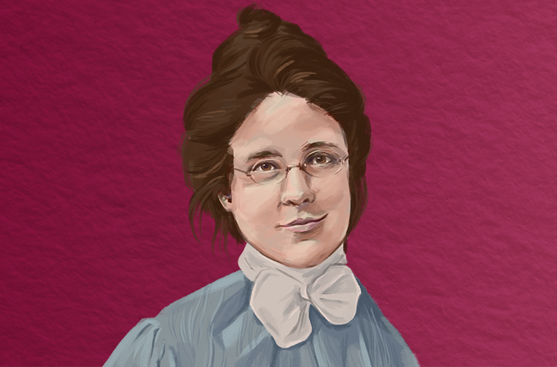 old timey portrait of a woman with glasses, brown hair up in a bun, a slight smile, and a high-necked dress with a white bow against a reddish-purple background that has a papery texture