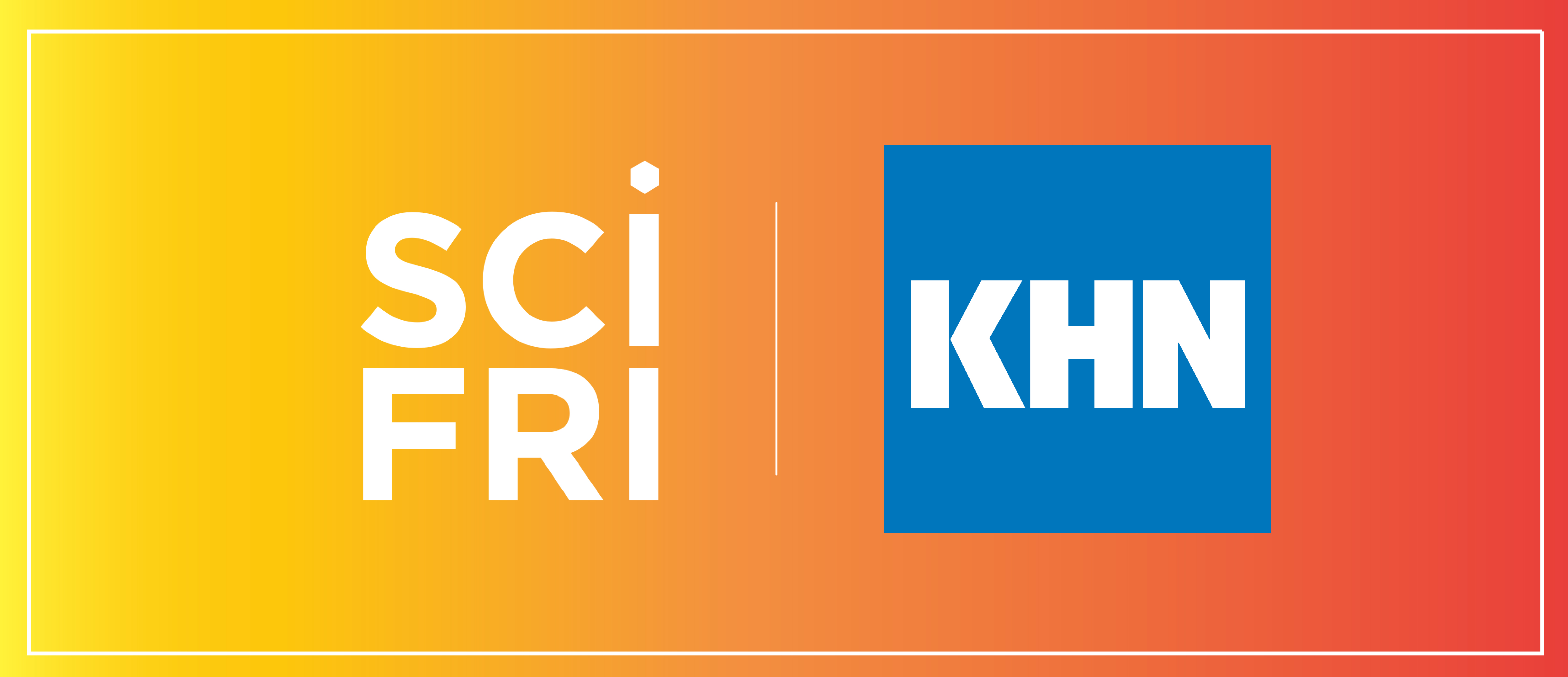 an orange button that has two logos, one in white that reads "scifri" and a blue square with white font that reads "khn"