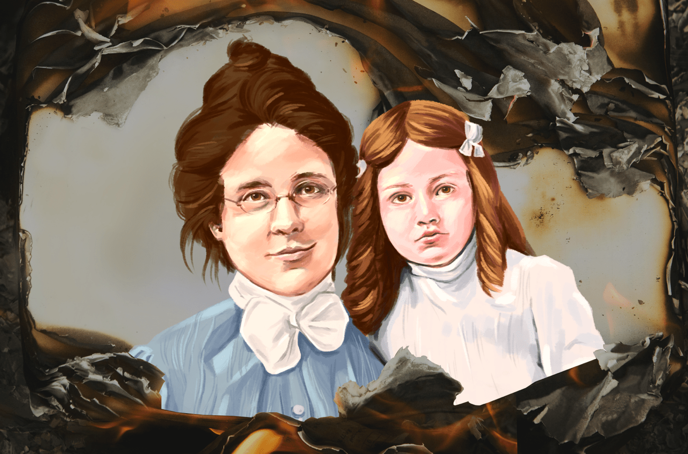 a collage of an illustration of a mother with glasses posing next to a young girl in a white dress and pigtails. they are both wearing clothes from the 19th century. The illustration is framed by a burned paper