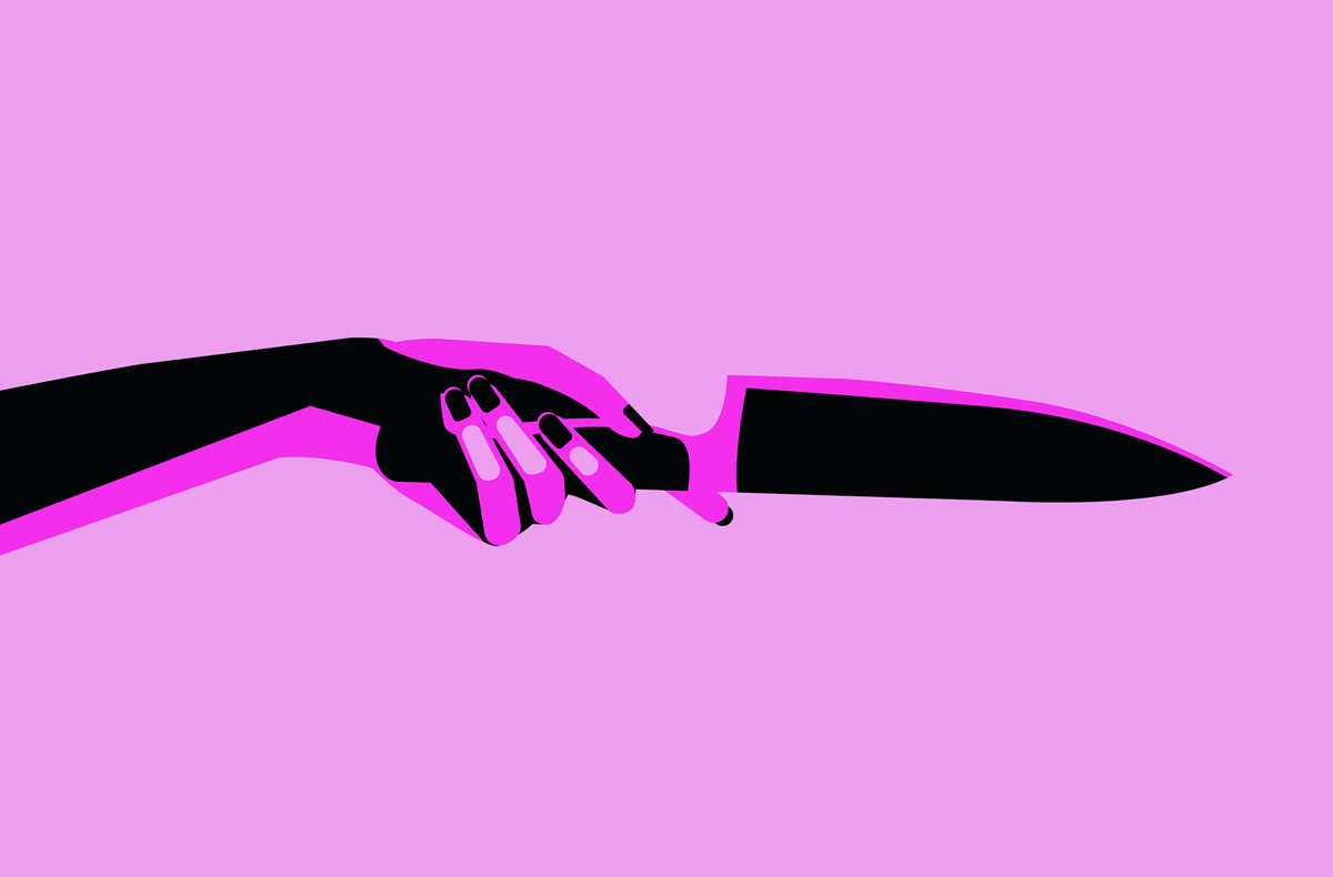 an illustration of a person holding a knife against a purple background. their nails are painted black