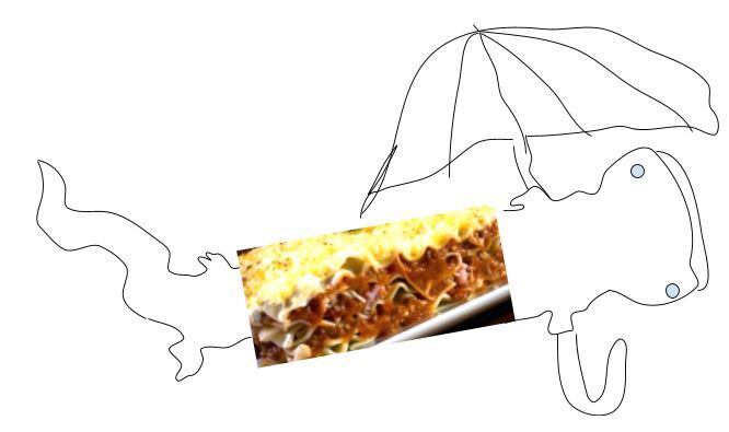 a line drawing of a salamander with a picture of lasagna over its body