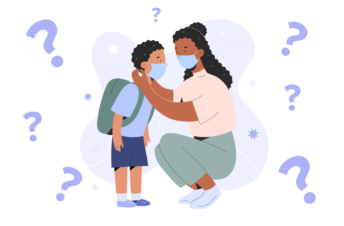 a black woman squats down to put a mask around her child, wearing a backpack. the woman is also wearing a mask. small germs and question marks float around both of them