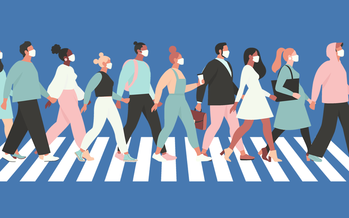 graphic illustration of people in white medical face mask walking down the street.