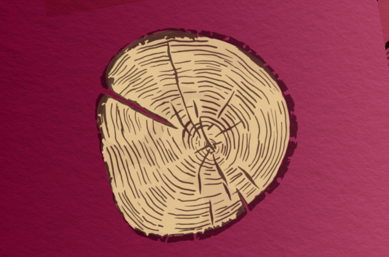 cartoonish slice of wood featuring tree rings against wine-colored and paper-textured background