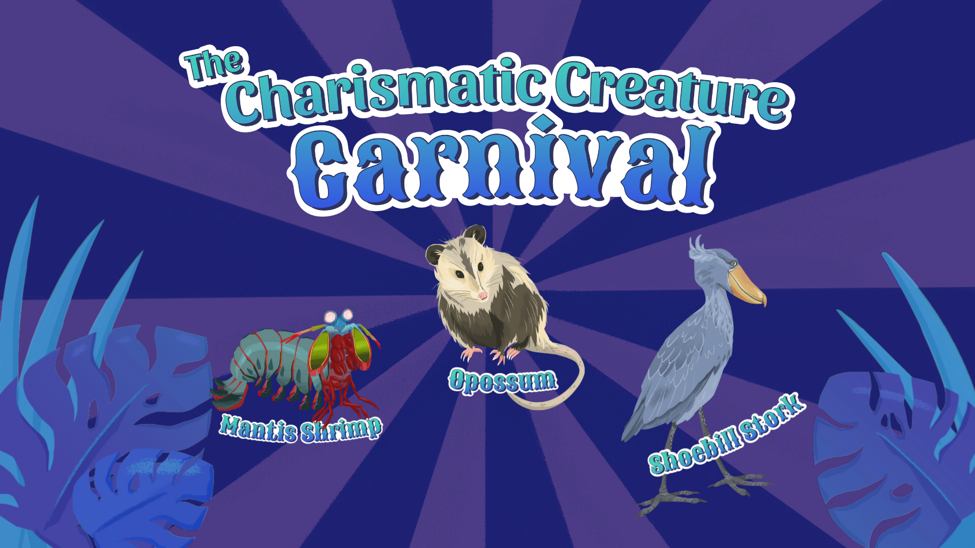 purple carnival-like swirls with cartoon images of an oppossum, a mantis shrimp, and a shoebill stork in the foreground