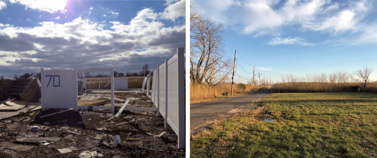 two images side by side. on the left is a bunch of abandoned structures and frameworks of buildings. on the right is an open grassy field with a small road going by it on the left