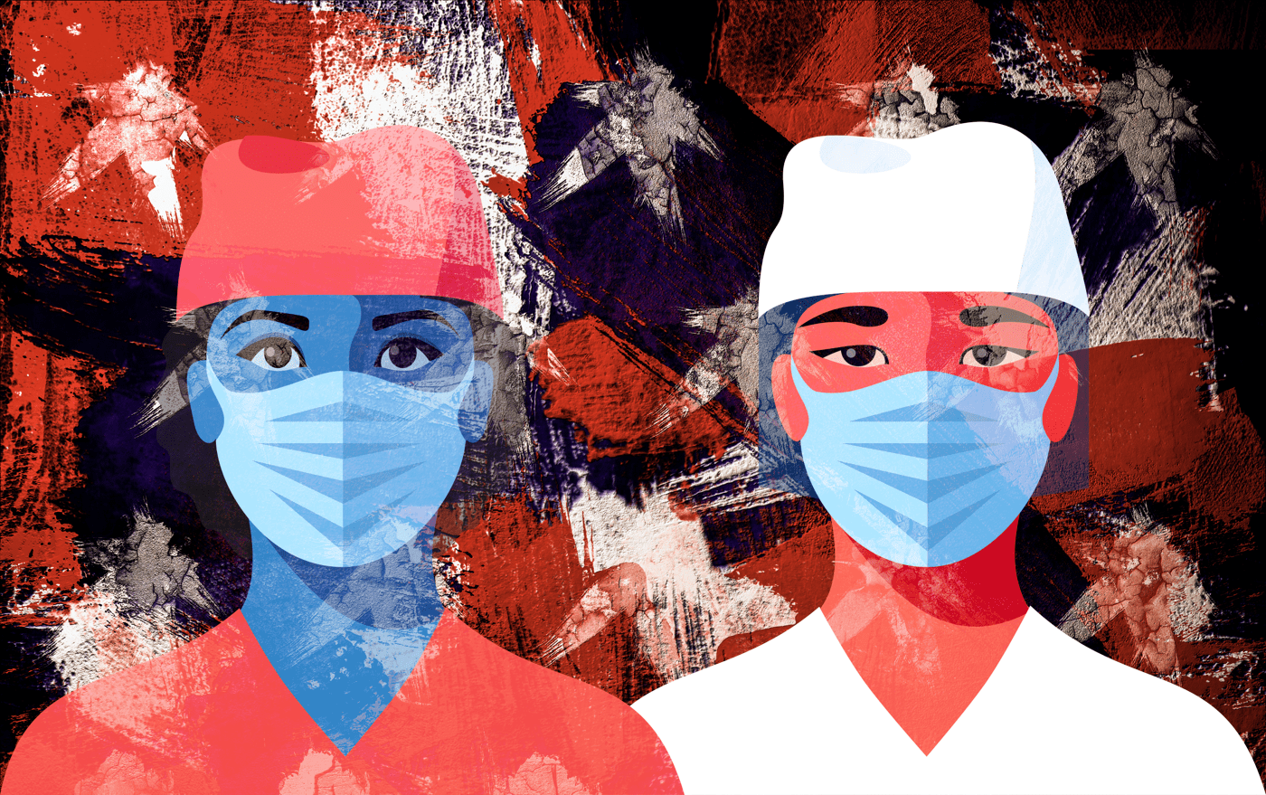 an abstract illustration of two illustrated nurses, one black, the other south asian, on a grungy messy abstract american flag