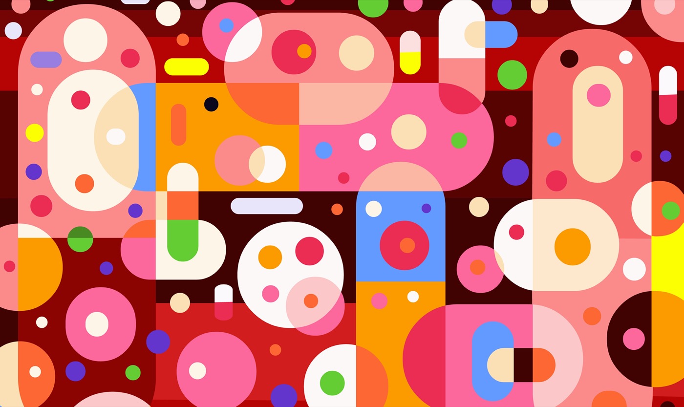 abstract colorful art of simplified pills in different colors and positions