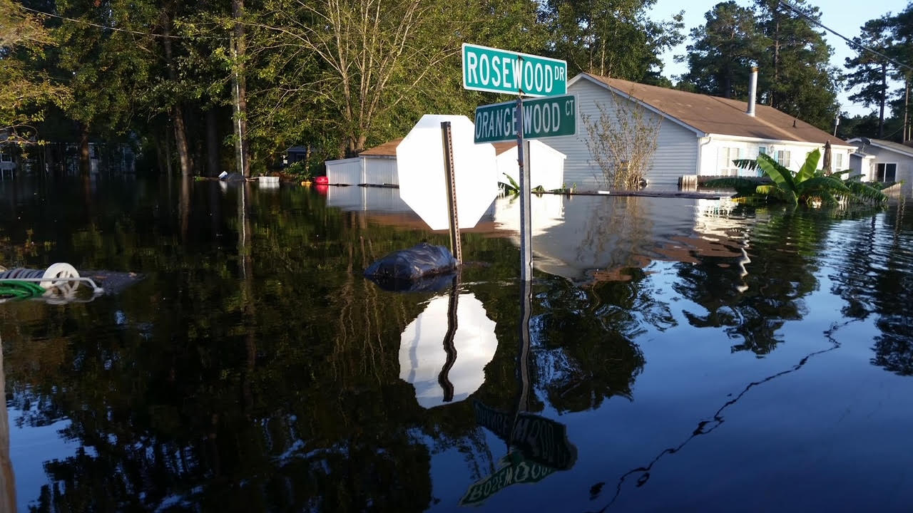 a flooded street with the water close to the top of a stop sign and street intersection sign
