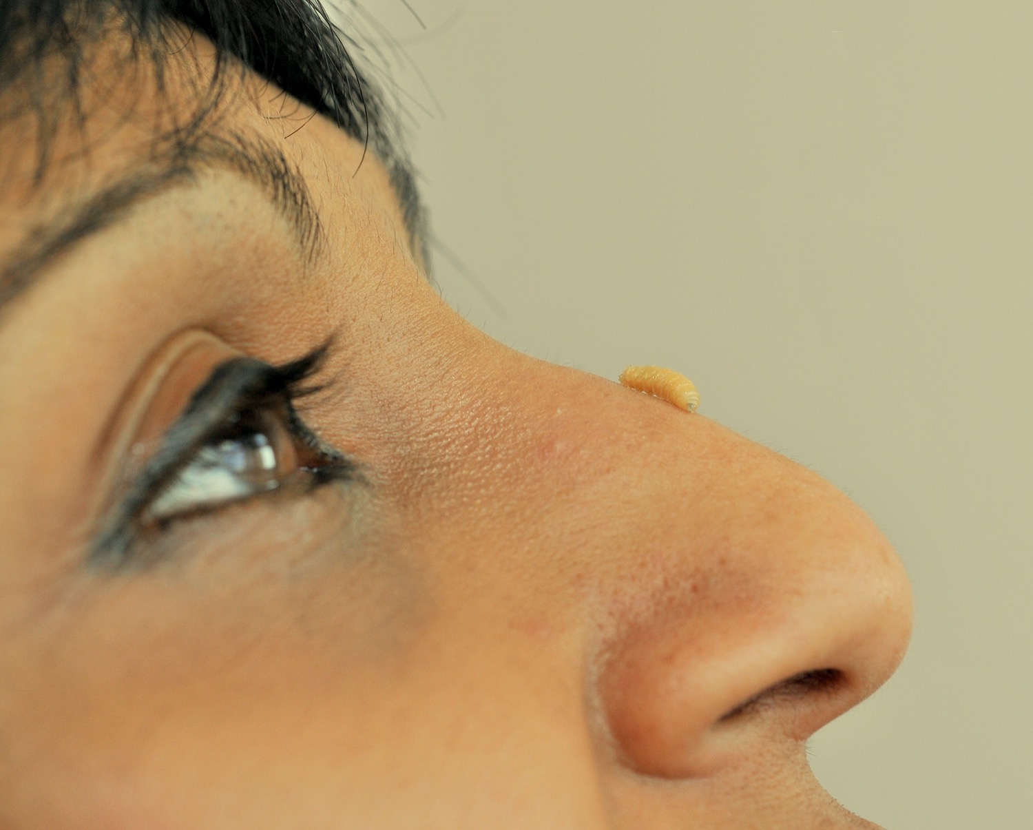 a close up of a small maggot crawling on a woman's nose