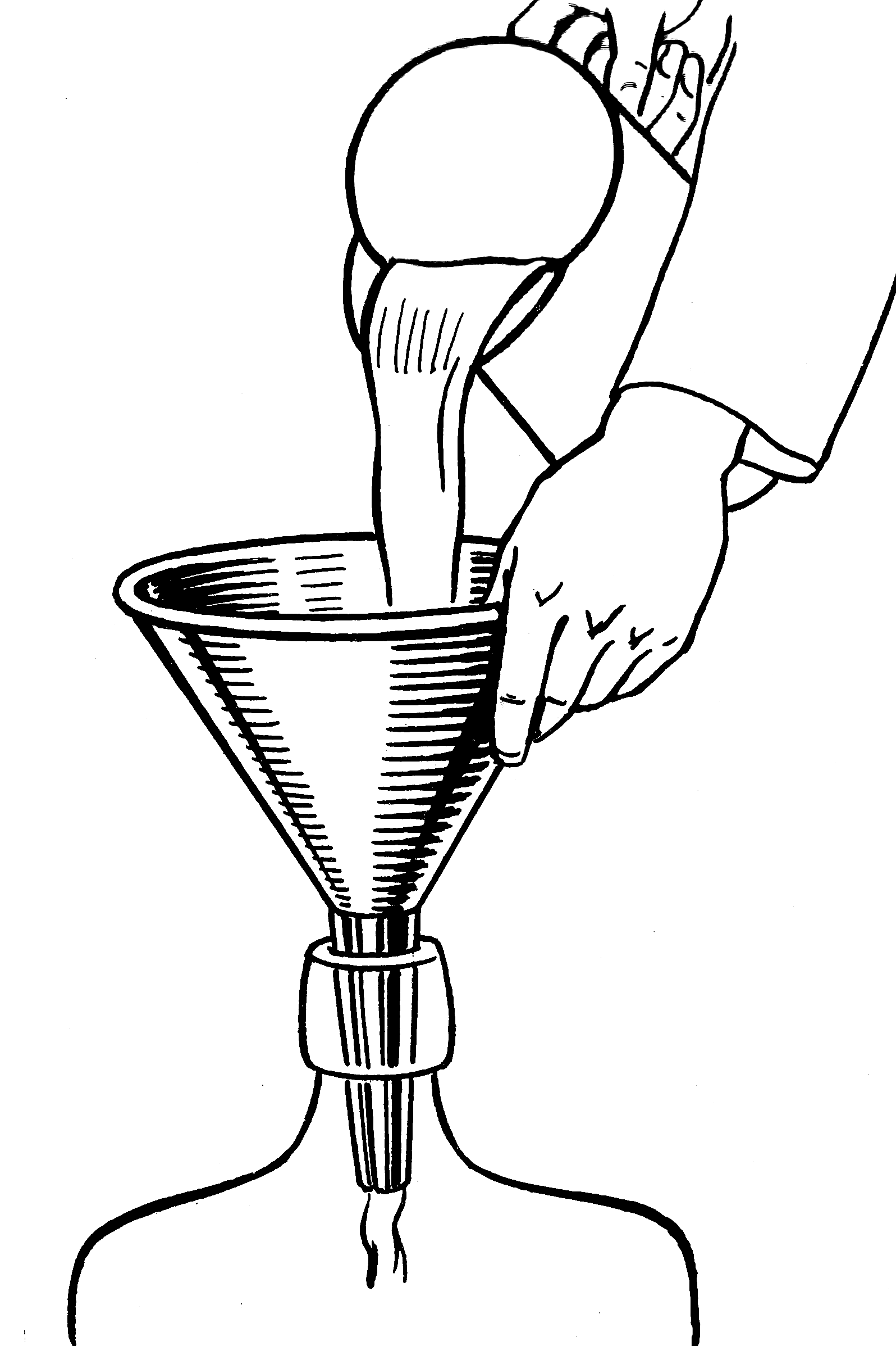 an illustration of a person pouring a pitcher of liquid through a funnel which is dispensing into a bottle