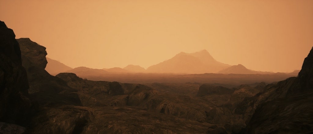 Concept image of Venus with rocky surface and hazy orange air.