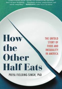 a book cover of a broken plate on a blue-green background with the title that reads "how the other half eats"