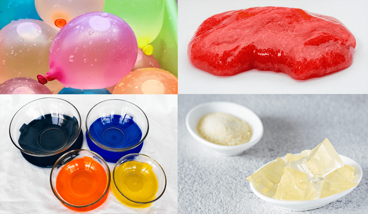 Water balloons, red slime, agar agar power and cubes, and bowls of different sizes