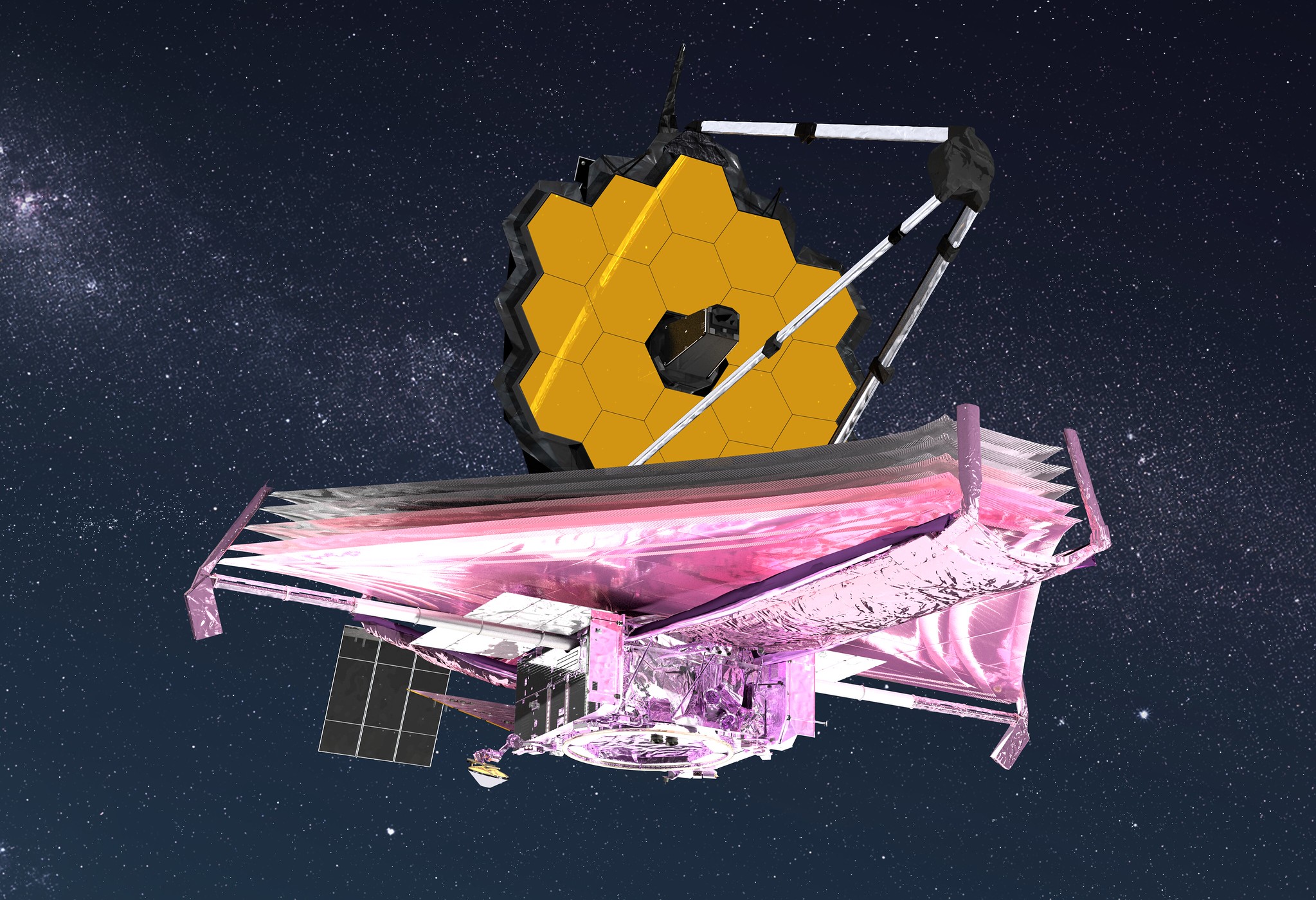 computer generated rendering of giant telescope with hexagonal mirrors and floating against star-spattered space background