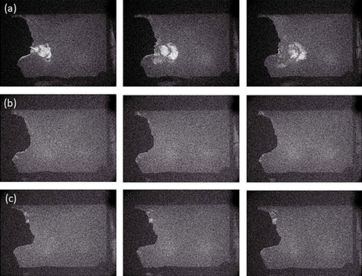 nine paneled images of a person's silhouette blowing out spray with different types of masks on