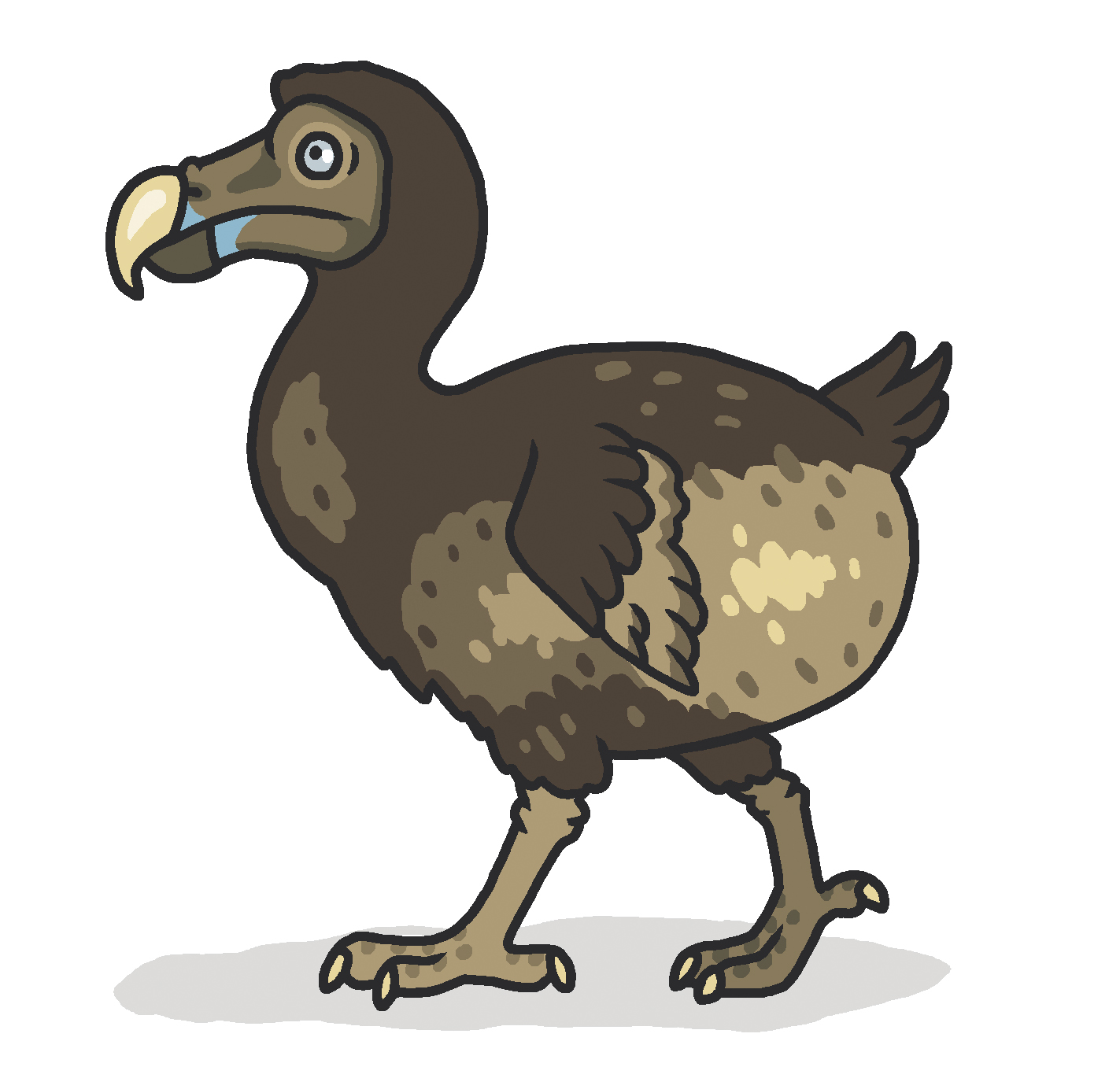 an illustration side view of a dodo. it is mostly shades of brown with a downward sloping beak