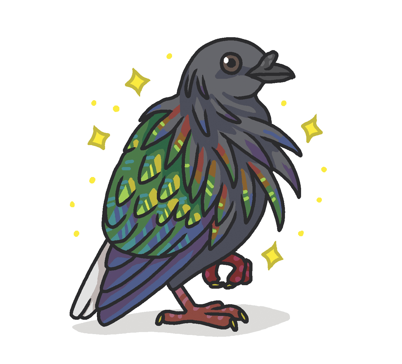 an illustration of a pigeon with colorful green and purple wings. it turns to pose at the viewer and sparkles surround it