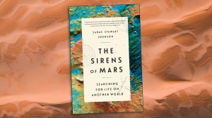a book cover with a multicolored crater landscape reads "The Mermaids of Mars: In Search of Life in Another World" by Sarah Steward Johnson, with an image of quicksand in the background