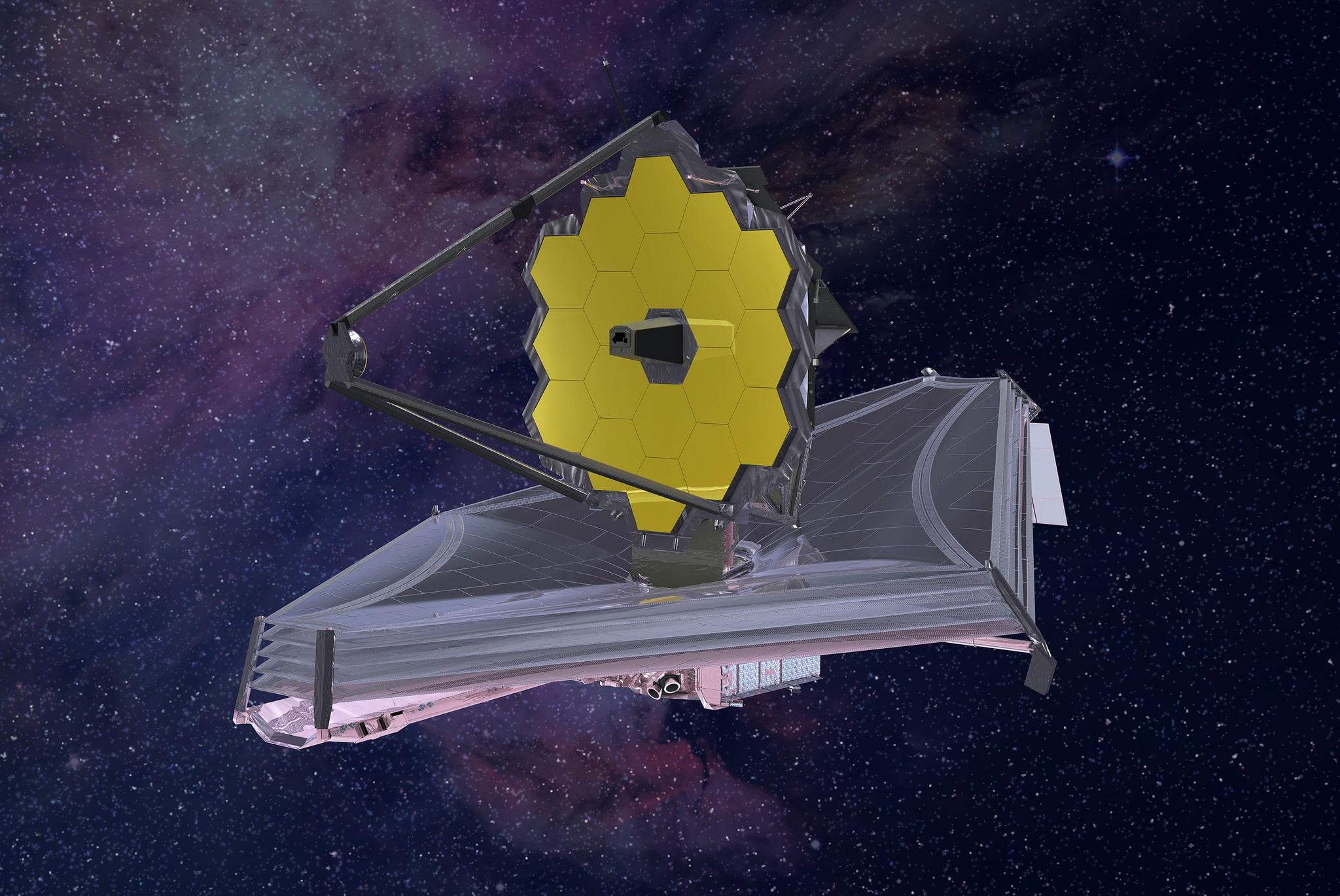 computer generated rendering of giant telescope with hexagonal mirrors and floating against star-spattered space background
