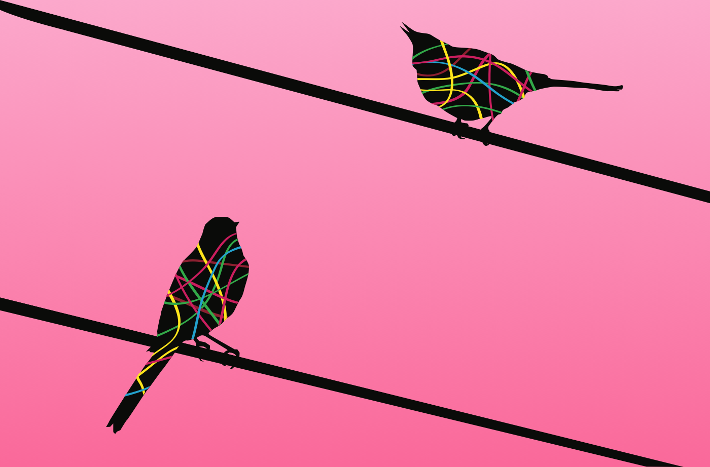 a simple illustration of two birds on two separate wires. one is singing to the other. the bodies are abstract and have intersecting wires in them