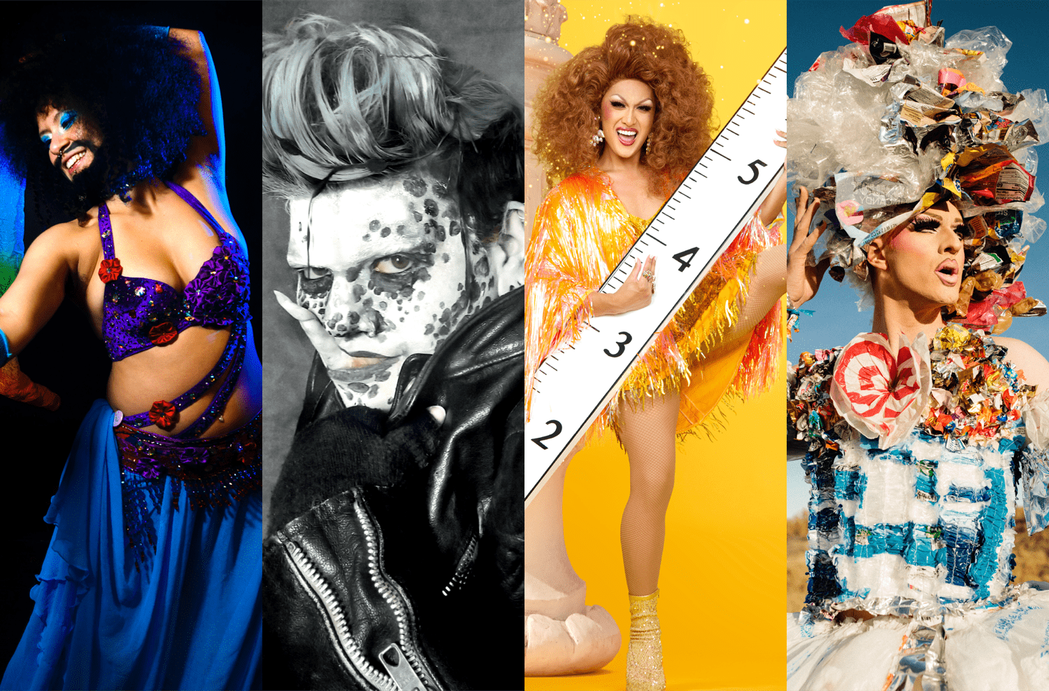 four images of drag performers. from left to right, an