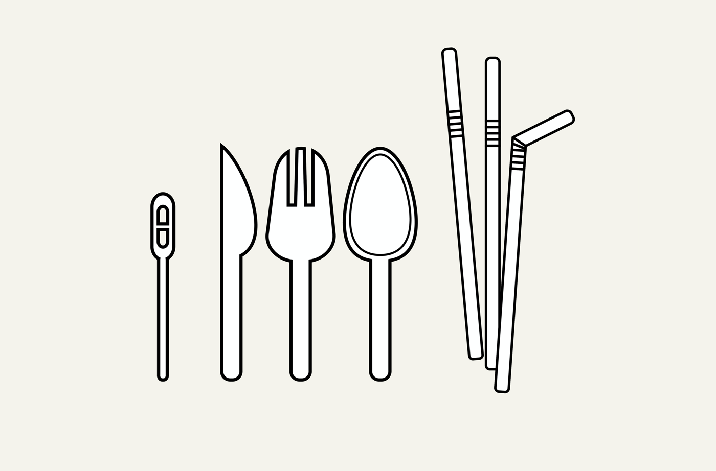 simple illustration of a coffee stirrer, fork, knife, spoon, and plastic straws