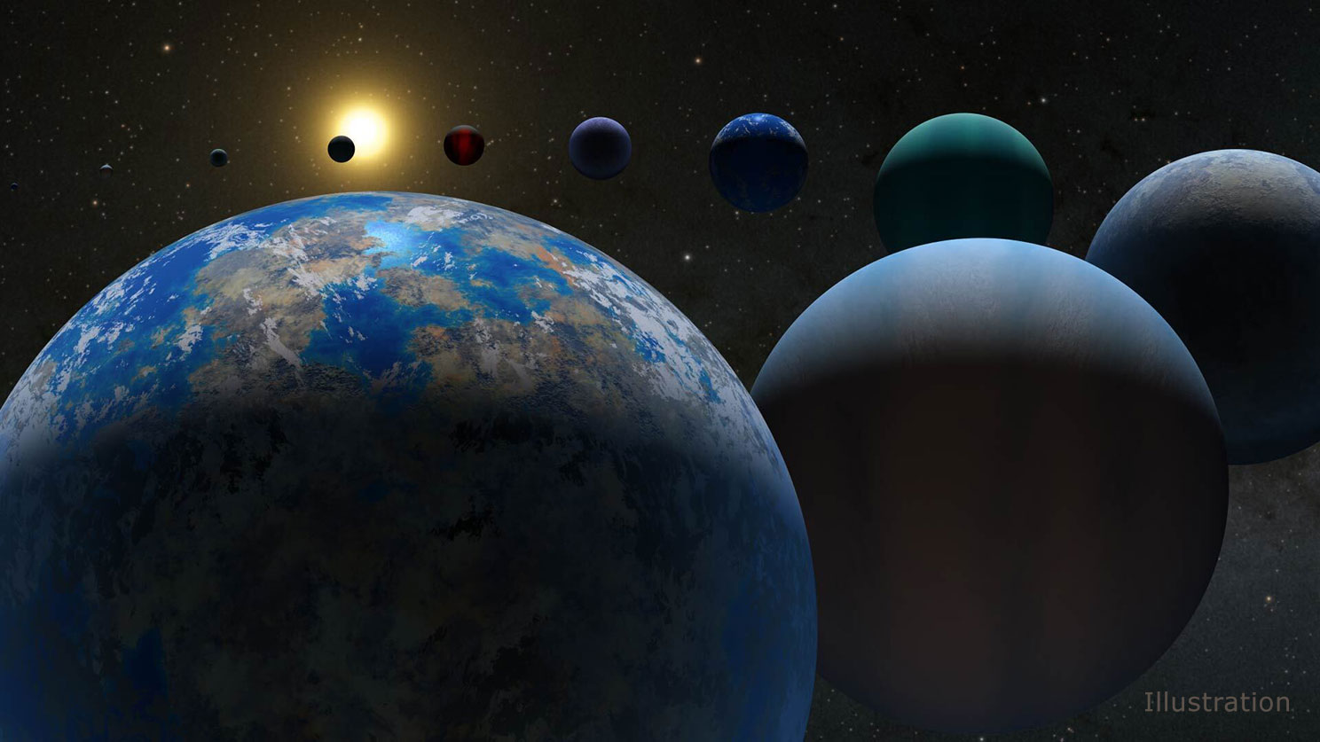 an artists illustration of ten different versions of exoplanets arranged in a circular patternfound in the nasa exoplanet archive