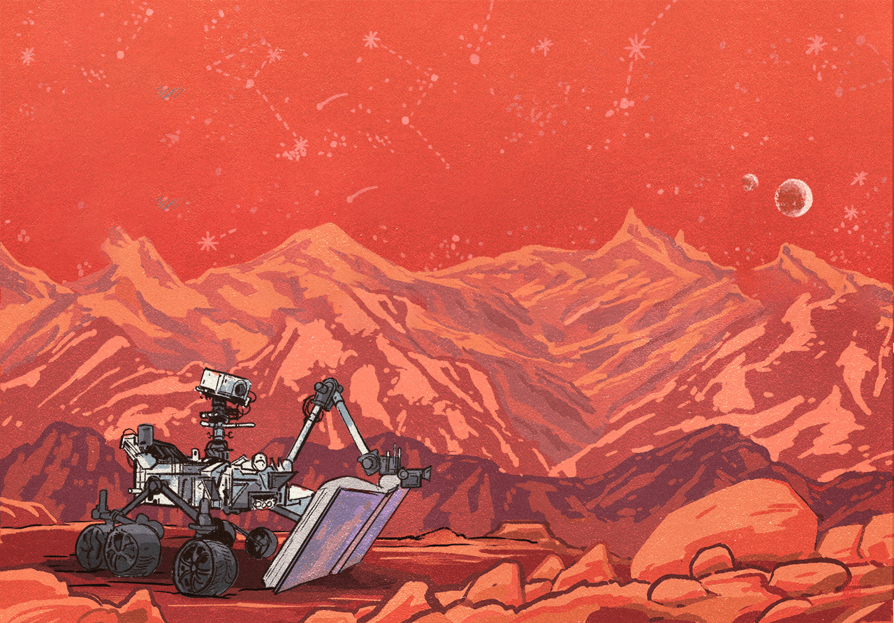 a red-tinted martian landscape with rocks in the foreground and mountains in the background, featuring stars and two moons in the sky, with a rover on the planet in the foreground using its mechanical arm to hold open a hardcover book