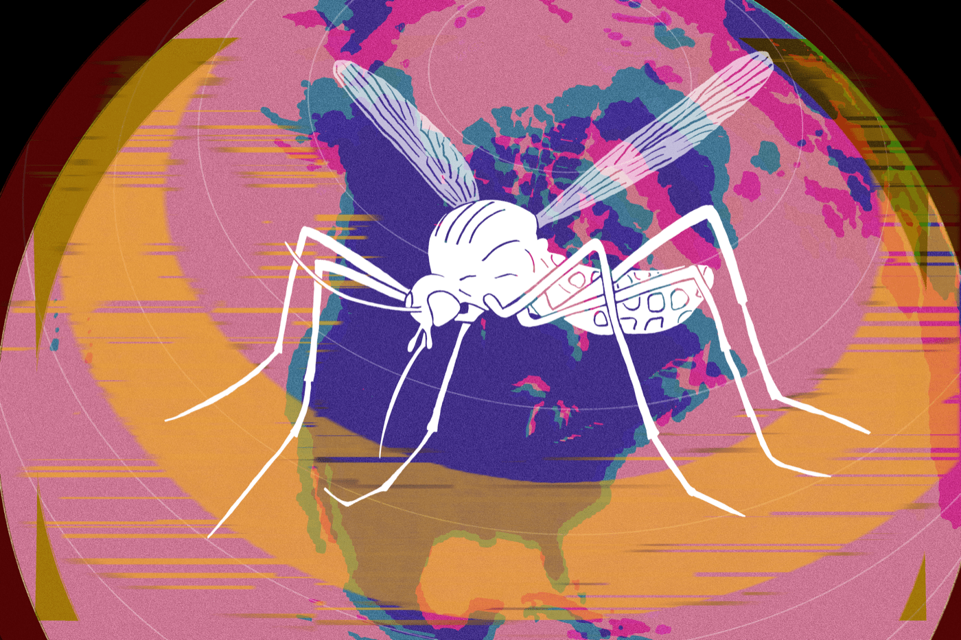 a fuzzy illustration of a large mosquito on top of north america on a globe