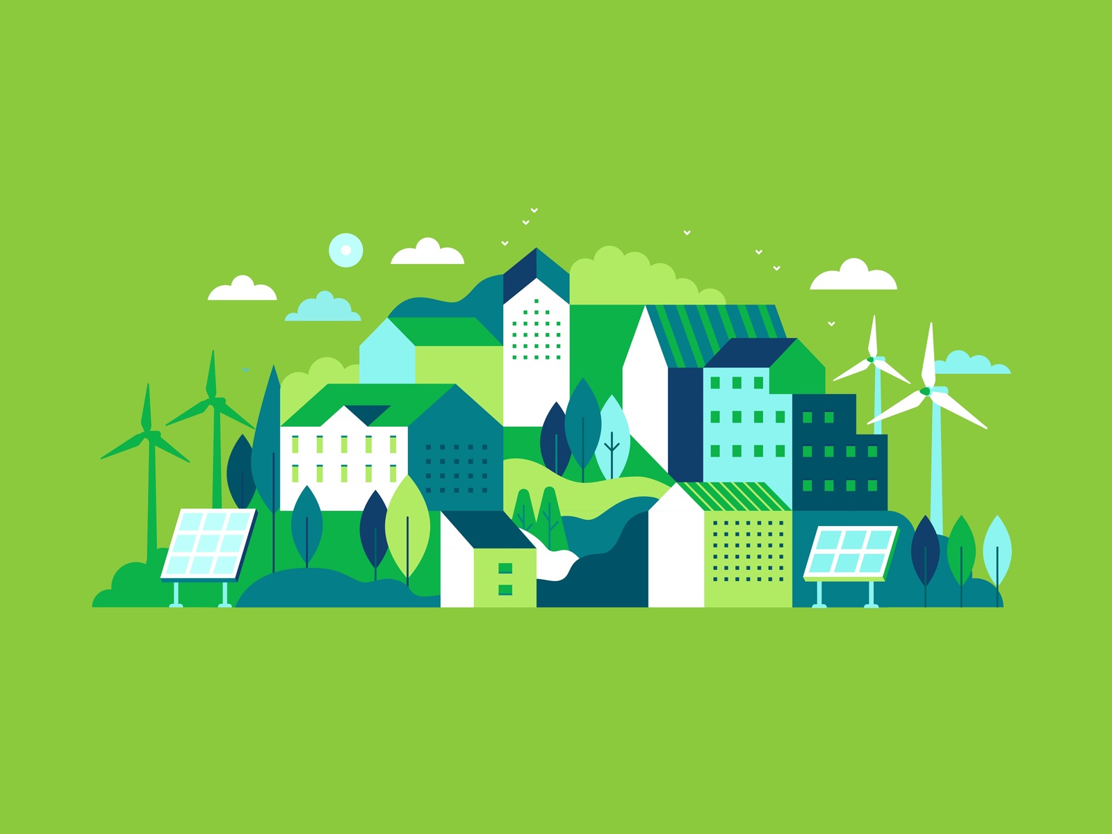  illustration in simple minimal geometric flat style - city landscape with buildings, hills and trees with solar panels and wind turbines