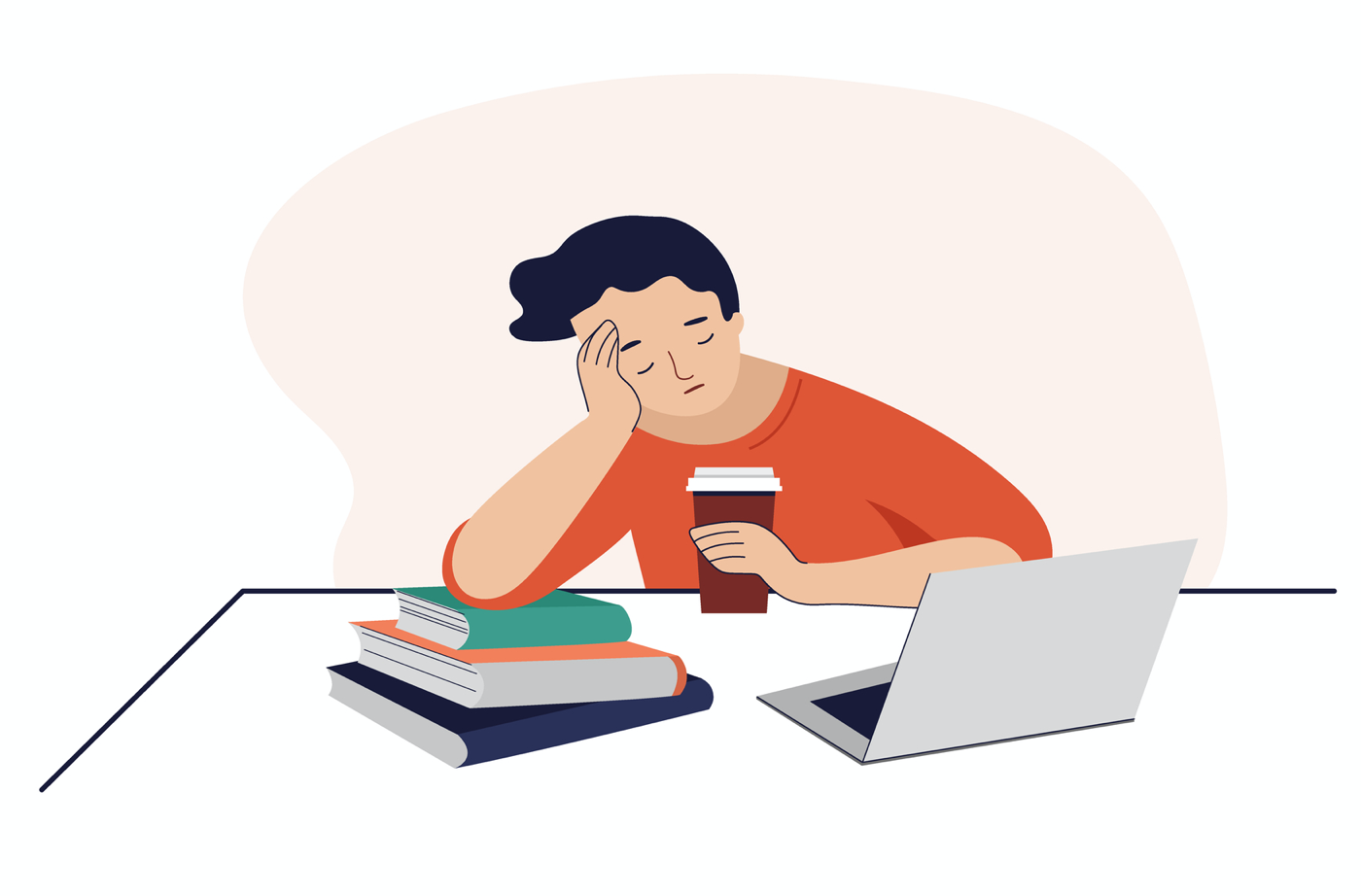 an illustration of a person slumping over at a desk, tired, holding a coffee cup with a stack of three books and a laptop on the desk
