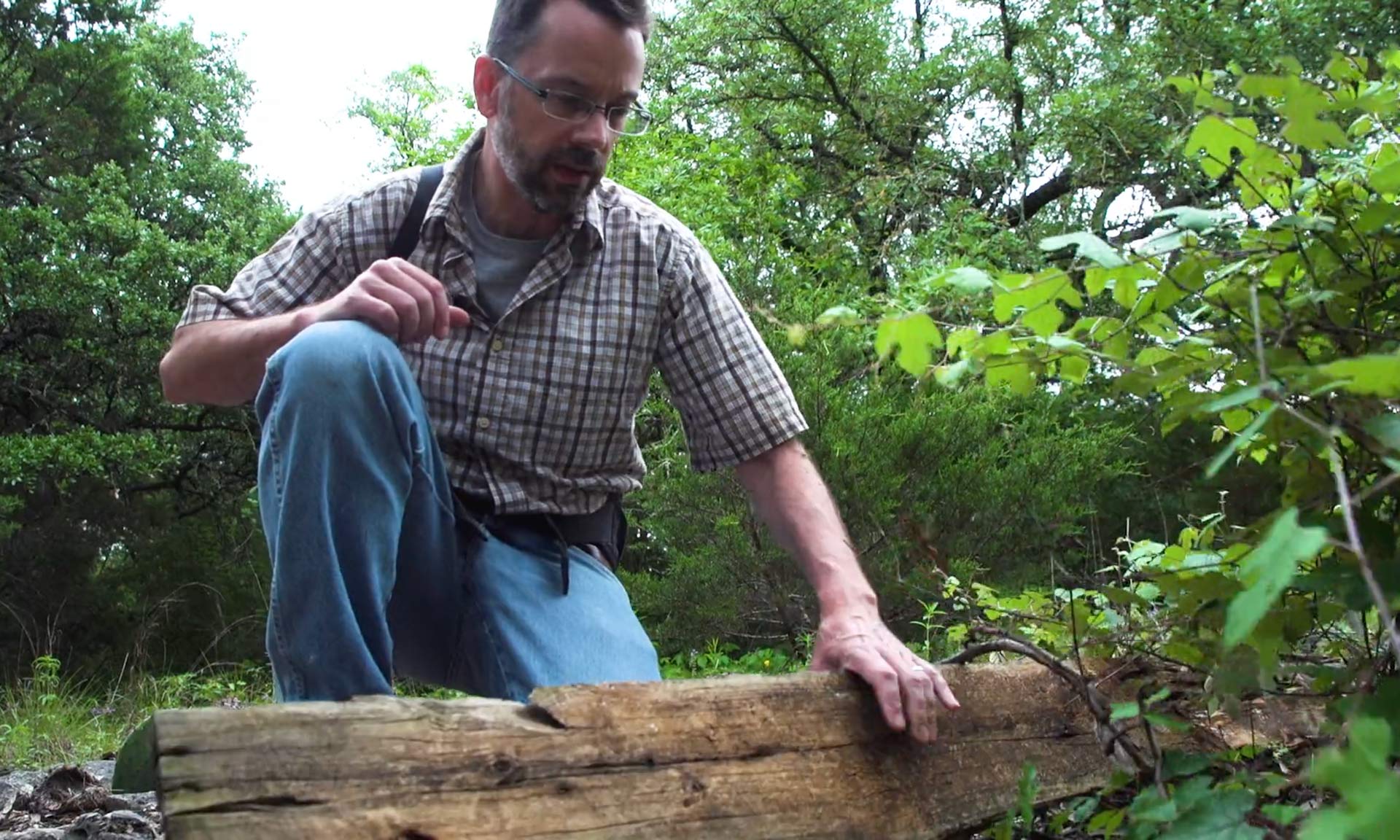 a white man on his knees in a forest turns over a log with one hand