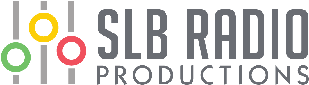 a logo with three vertical lines on the right, each with a different colored circle on them, resembling a mixing board, with text to the right that says 'slb radio productions' 