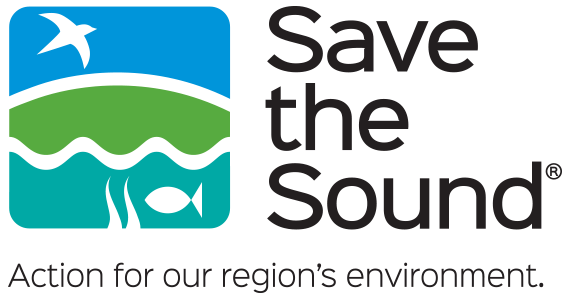 a logo that says "save the sound" with a simple illustration of a sky with a bird flying, the green earth below that, and sea with some kelp and a fish below that