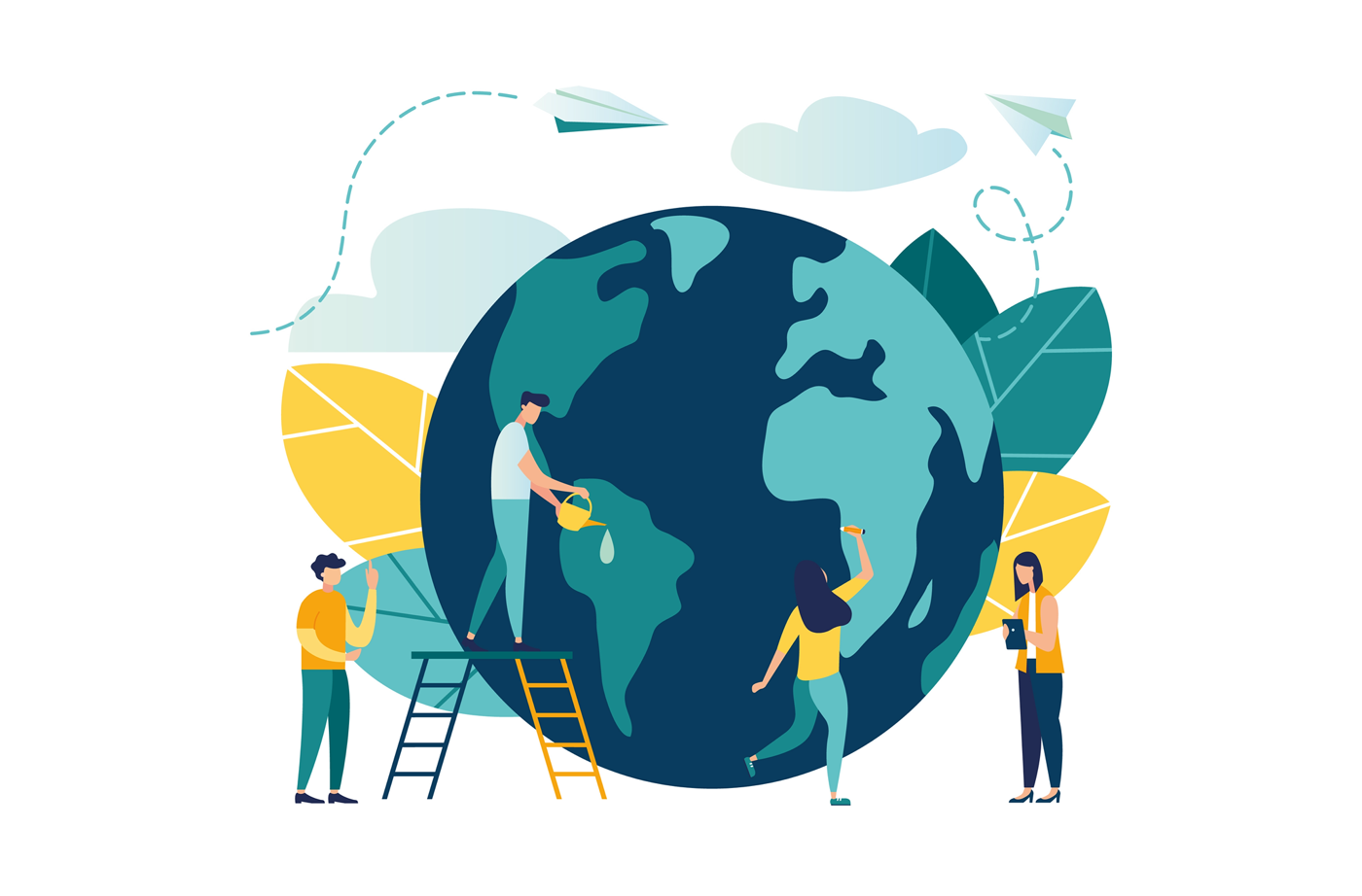 an illustration of an earth about 20 feet tall and people surrounding it gesturing to it, one person is on a small step ladder watering the south africa. clouds and leaves and paper airplanes are decorated behind and top of the earth