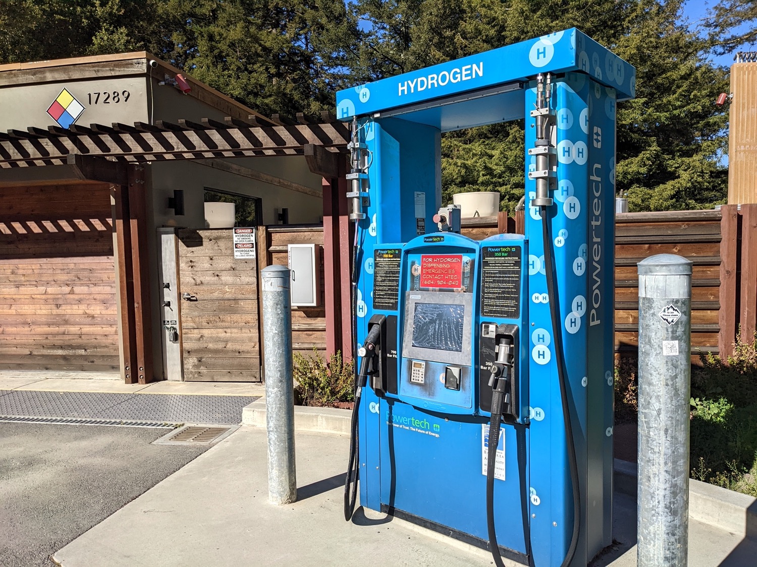 a blue colored gas pump, but it's actually a hydrogen fueling station