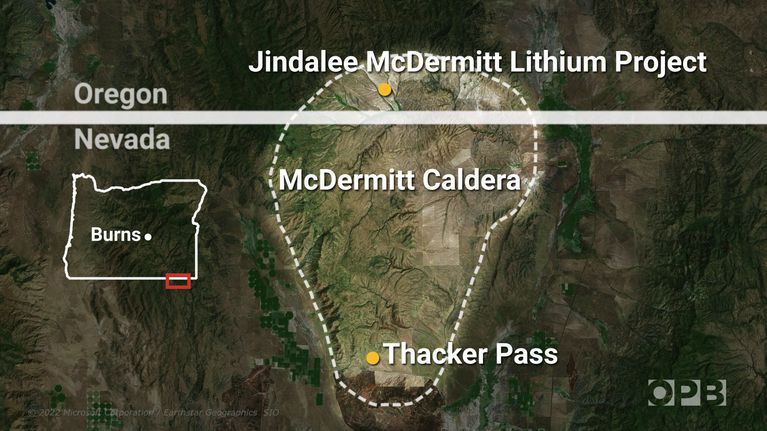 an annotated satellite map of the McDermitt Caldera on the Oregon-Nevada border.