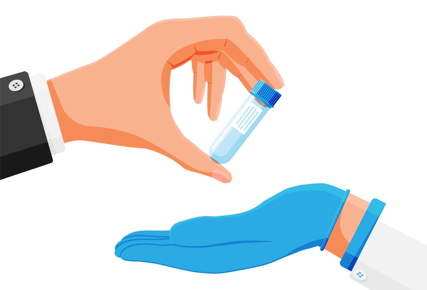 an illustration of two hands, both white. one is wearing a suit, giving a vial to what looks like the hand and arm of a doctor, wearing a white labcoat and a blue glove