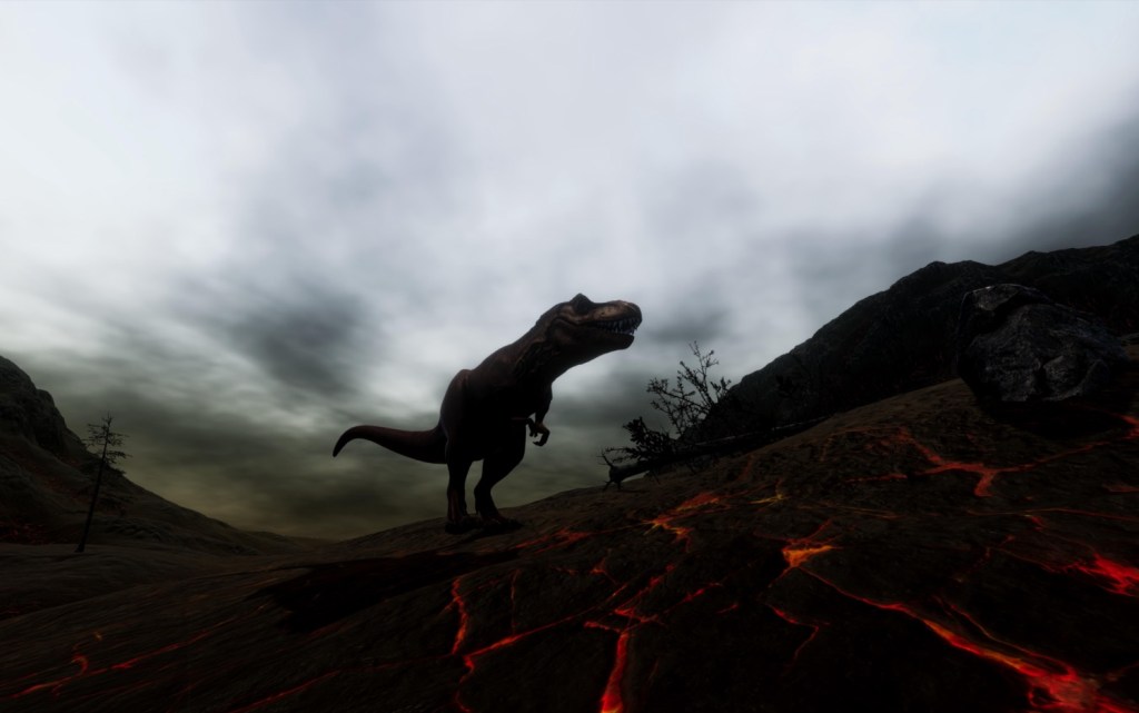 a 3d illustration of a silhouette of a trex walking in a deserted post-apocalyptic landscape