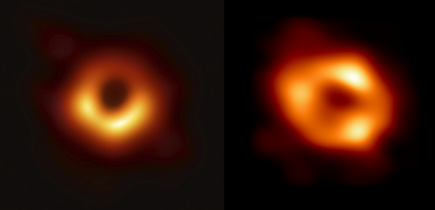 two orange rings side by side. the one of the left has a bit slimmer of a ring while the one of the right has a thicker ring of orange. it represents the glowing gas around two black holes