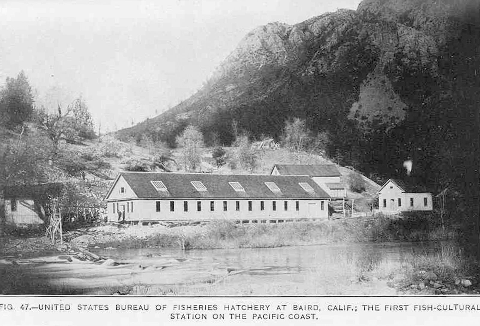 an old black and white image of a long, low-slung building next to a river, with smaller outbuildings on either side.