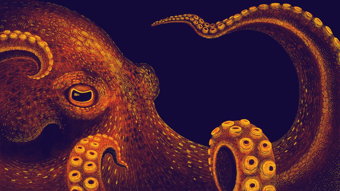 An illustration of an orange octopus with a dark purple sea background