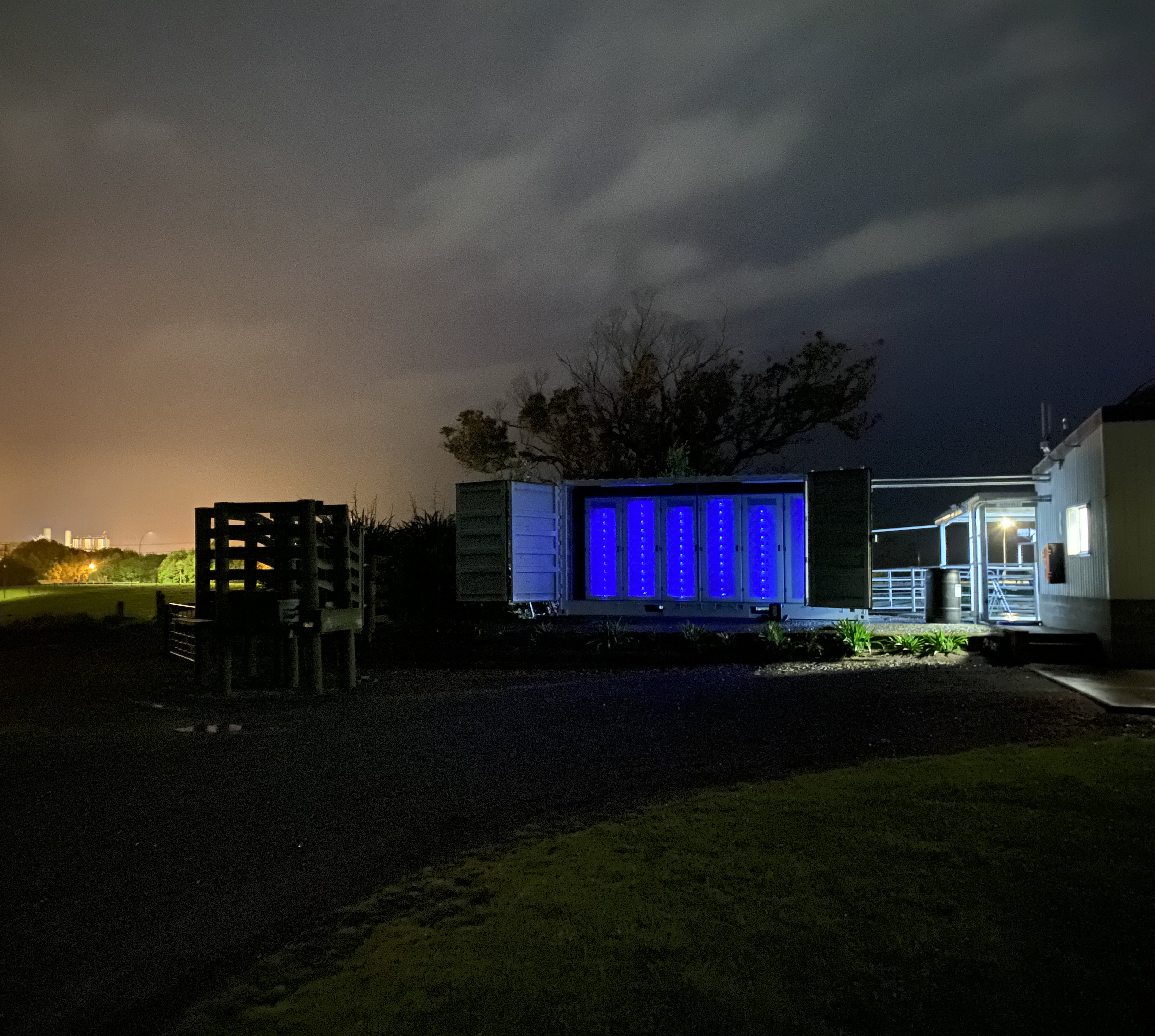 PolyJoule’s conductive polymer energy storage system illuminated at night.