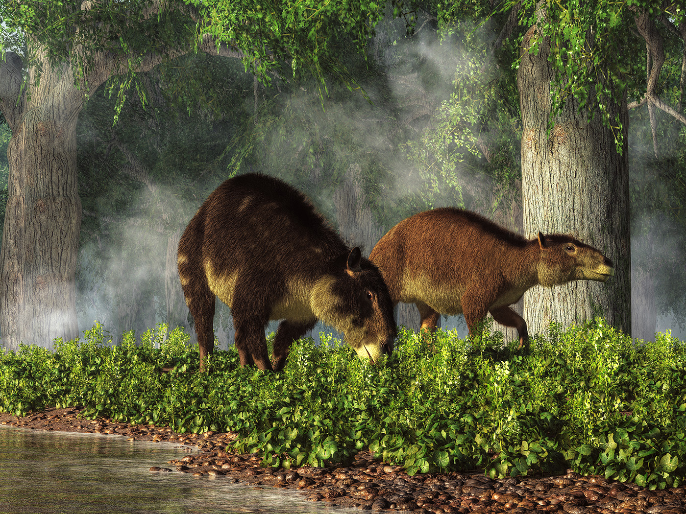 A 3-D rendering of two extinct, furry animals with hooves eating lush green vegetation in an ancient forest.