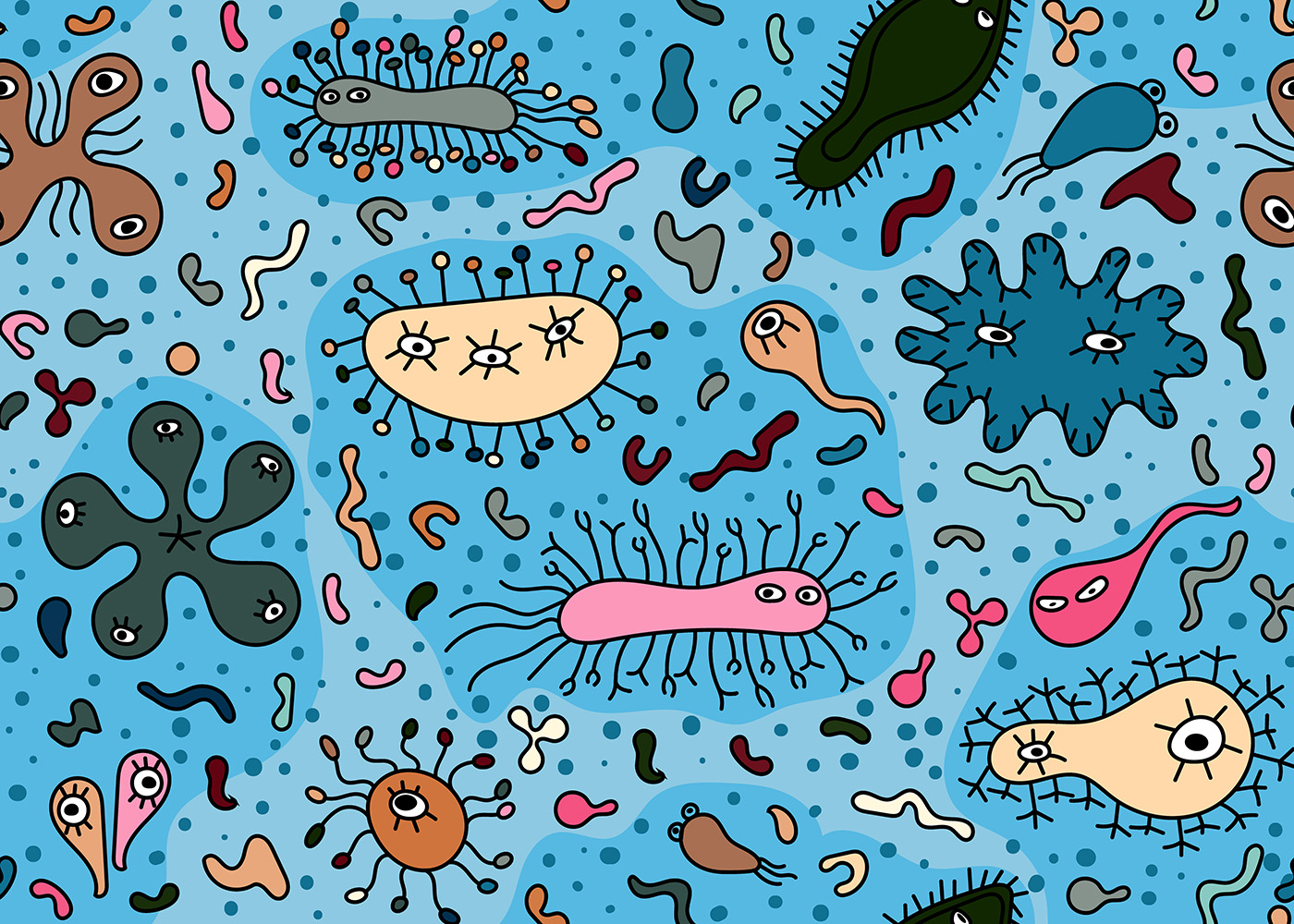a hand-drawn cartoon illustration of ocean bacterium